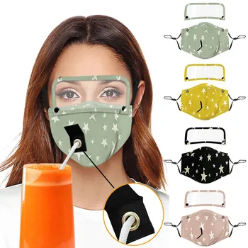 

Adult Reusable Drinking Face Mask with Hole for Straw and Detachable Eyes Shield careta protectora transparente