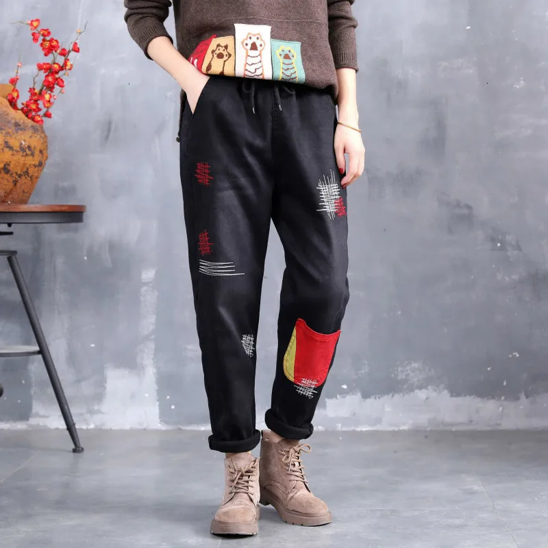 Max LuLu корейские модные женские лоскутные джинсы, женские повседневные эластичные штаны-шаровары с вышивкой, зимние черные меховые джинсовые брюки