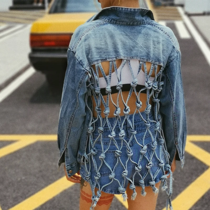 

GetSpring Women Jean Jacket Women Denim Jackets Backless Hollow Out Jean Jackets Long Sleeve Denim Coat Woman Tops Autumn 2019