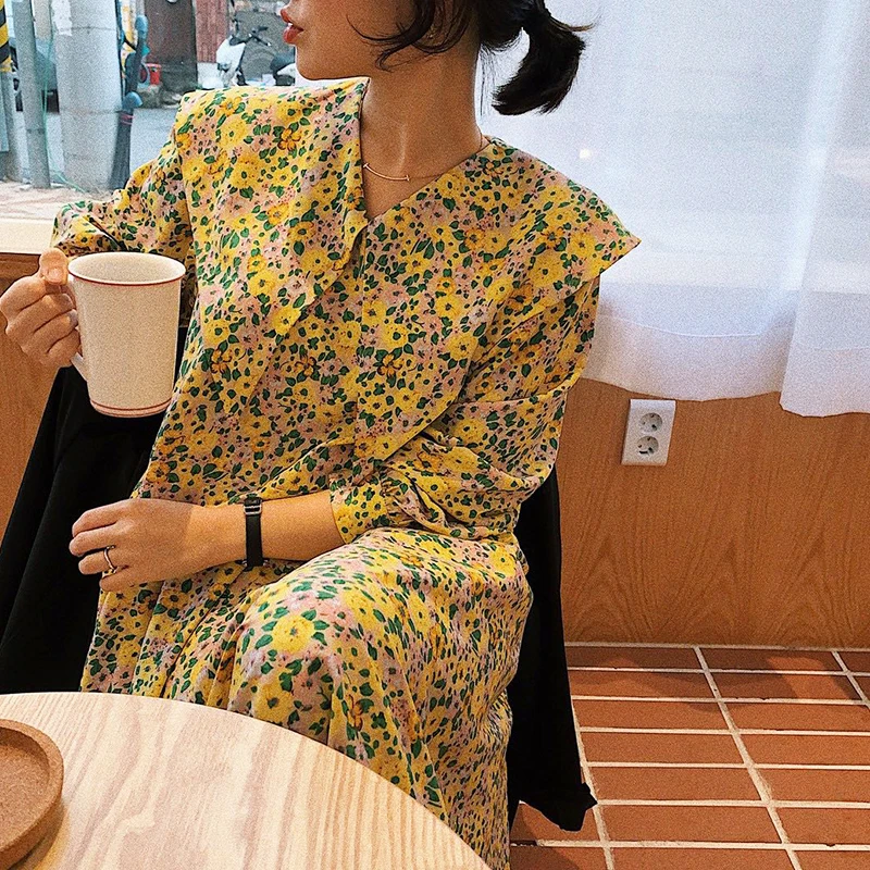 Neploe Flower Print Dress Women Fashion Turn Down Collar Long Sleeve Vestidos Summer 2020 Loose Slim Waist Female Dresses 1C682