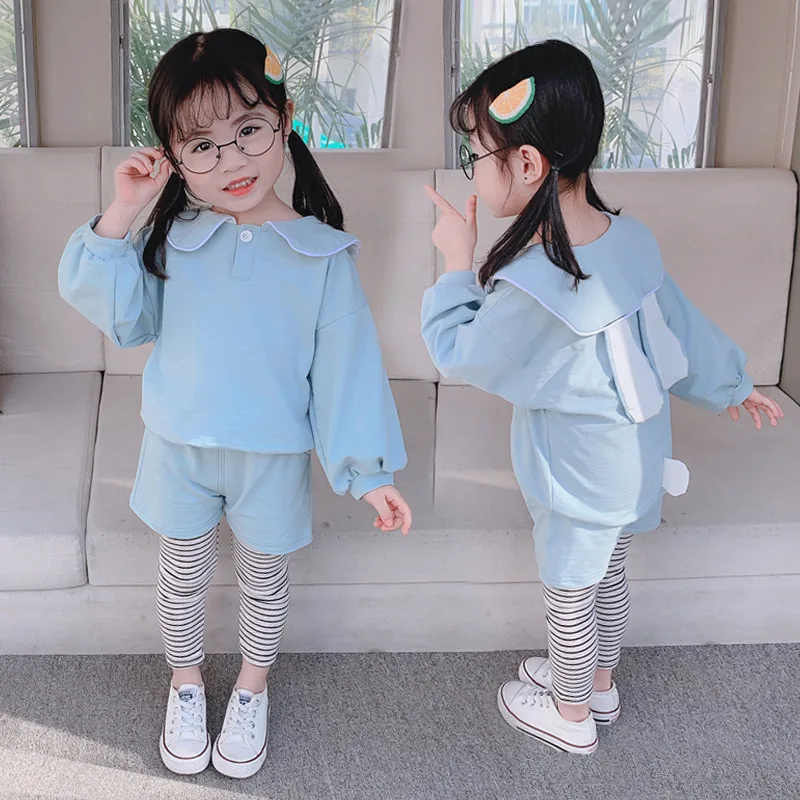 

2020 Spring And Autumn Infants Girls Baby Rabbit Ear Hoodie Stripes Leggings Two-Piece Set Childrenswear