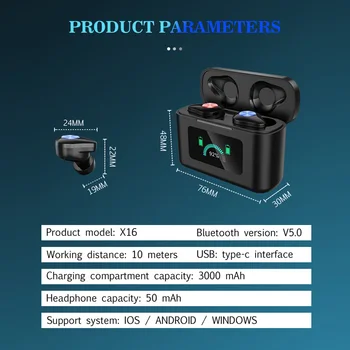 

2pcs Headset 3000mAh Bluetooth Earphones Type-C USB Wireless Touch Control