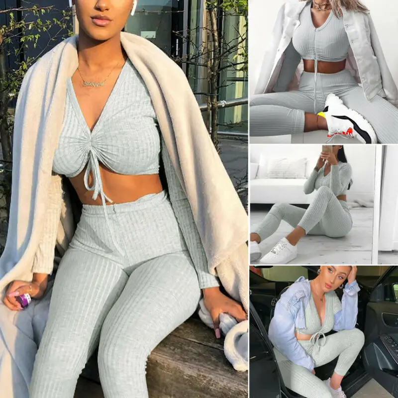 Fashion Brand New Autumn Women Knit Crop Top Lounge Wear Suit Ladies 2pcs Tracksuit Set Casual Long Pants