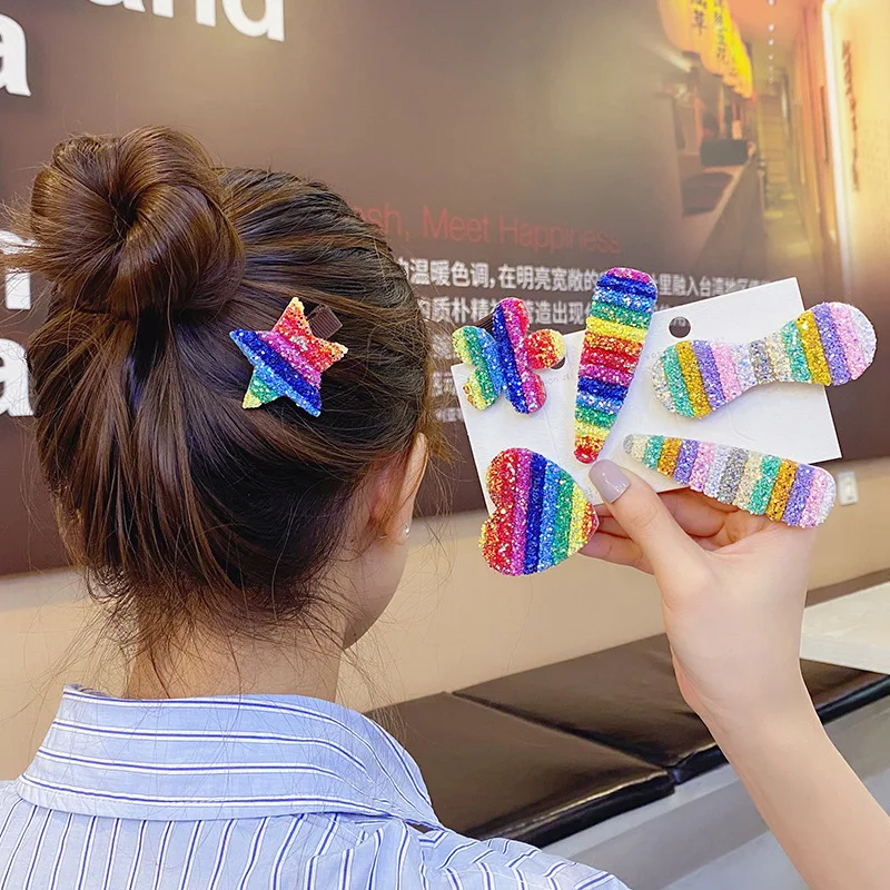 

Colorful sequins lover hairpin bangs side clip girl cute rainbow five-pointed star gradient bb clip beauty headdress