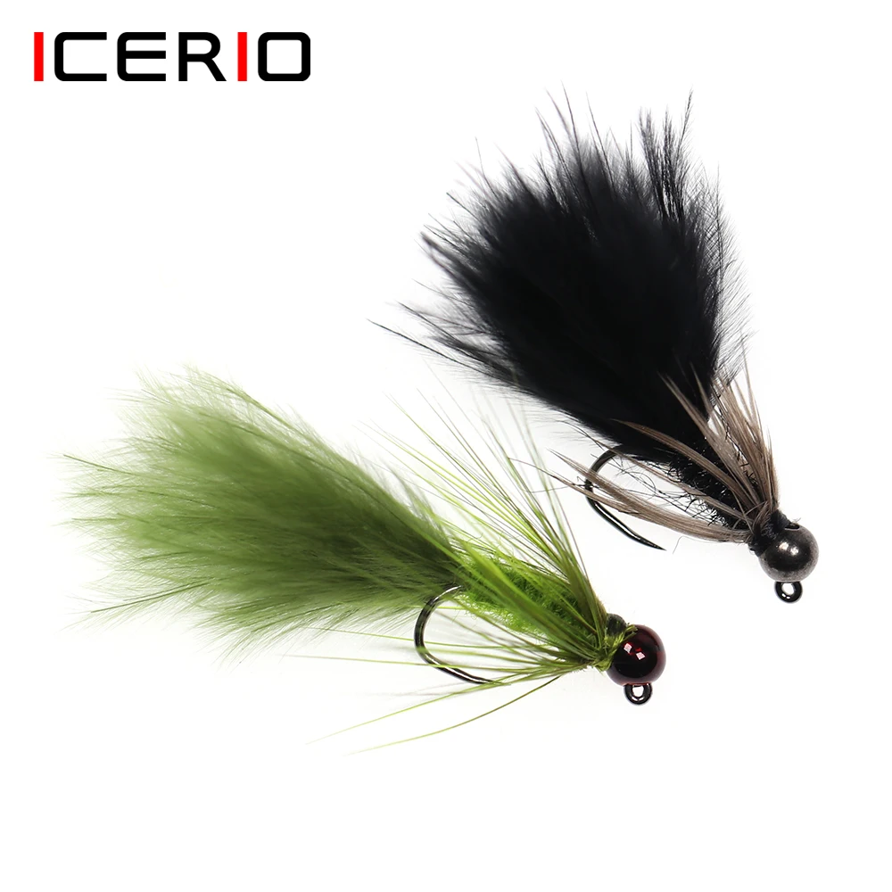 Icerio 6Pcs Tungsteno Beadhead Barbless Jig Hook Wooly Bugger Streamer Fly Trout Fishing Fly Lure Baits