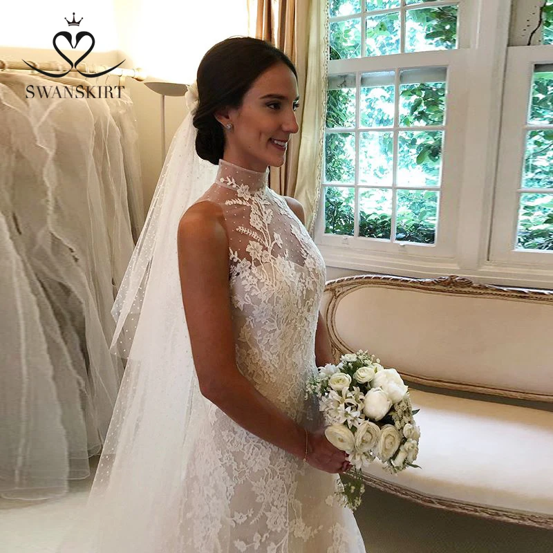 

Vestido de Noiva Appliques Lace Wedding Dress 2020 Swanskirt vintage Princess Mermaid Court Train Illusion Bride gown WY06