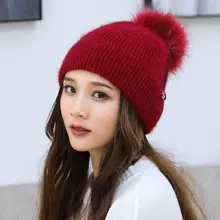 Вязаная шапка из кроличьего меха, зимняя Женская Толстая теплая вязаная шапка с украшением лебедя, одноцветная шапка с меховыми помпонами