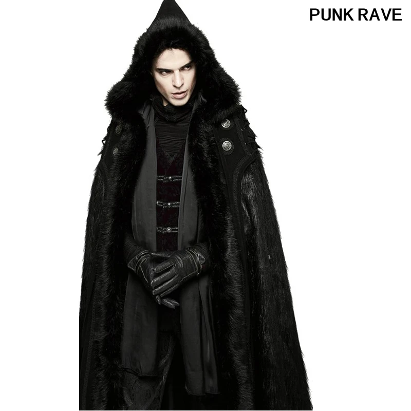 

Gothic Men Hooded Long Coat Halloween Ampire classic Black Knight Luxury Cloak With Fur Hood Cloak windbreaker Punk Rave Y-803