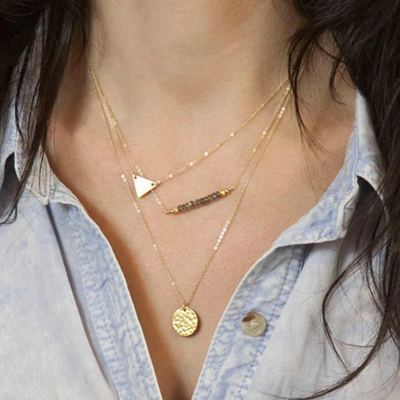 Vintage Multi-layer Necklaces For Women Gold Geometric Triangular Round Metal Sequins Pendant Sweater Chain Necklace Jewelry | Украшения и