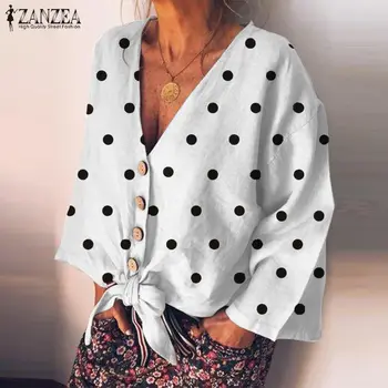 

ZANZEA Polka Dot Printed Tops Women's Casual Blouse 2020 Sexy V Neck Bow Shirts Female Fashion Long Sleeve Linen Shirt Tunic 5XL