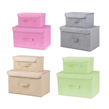 

2PCS Cotton linen Fabric Folding Storage Box Foldable Bins Toys Organizer With Lids And Handles Storage Basket Laundry Basket