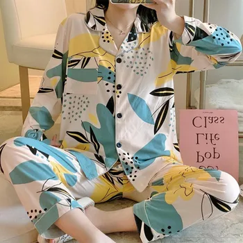 

2020 New Printing Pajama Set with Pants Long Sleeve Woman Korean Sweet Lovely Rayon Homewear Comfortable Breathable Top+Pants