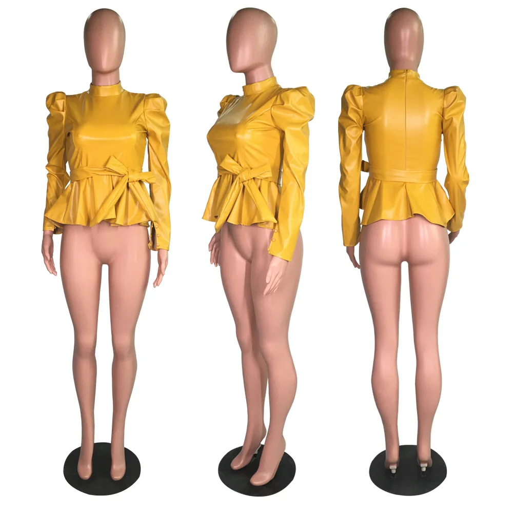 Adogirl Solid PU Leather Peplum Top 2019 Autumn Winter Turtleneck Long Puff Sleeve Fashion Casual Shirt with Belt Female Outfits Adogirl Solid PU Leather Peplum Top 2019 Autumn Winter Turtleneck Long Puff Sleeve Fashion Casual Shirt with Belt Female Outfits