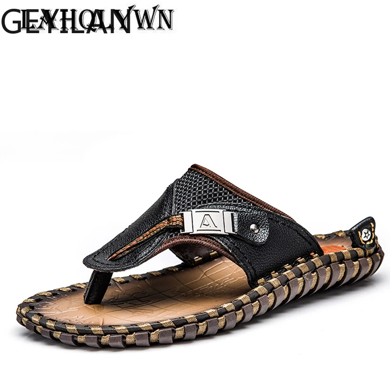 

2018 New Men's Flip Flops Genuine Leather Slippers Summer Fashion Beach Sandals Shoes For Men Big Size 48