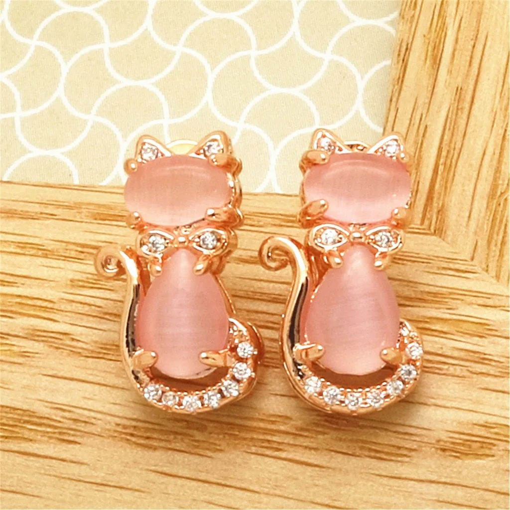

Cute Rose Gold Plated Cat Stud Earrings Pink Gems Crystal Earrings Pink Stone Birthday Banquet Earrings Xmas Gifts Party Jewelry