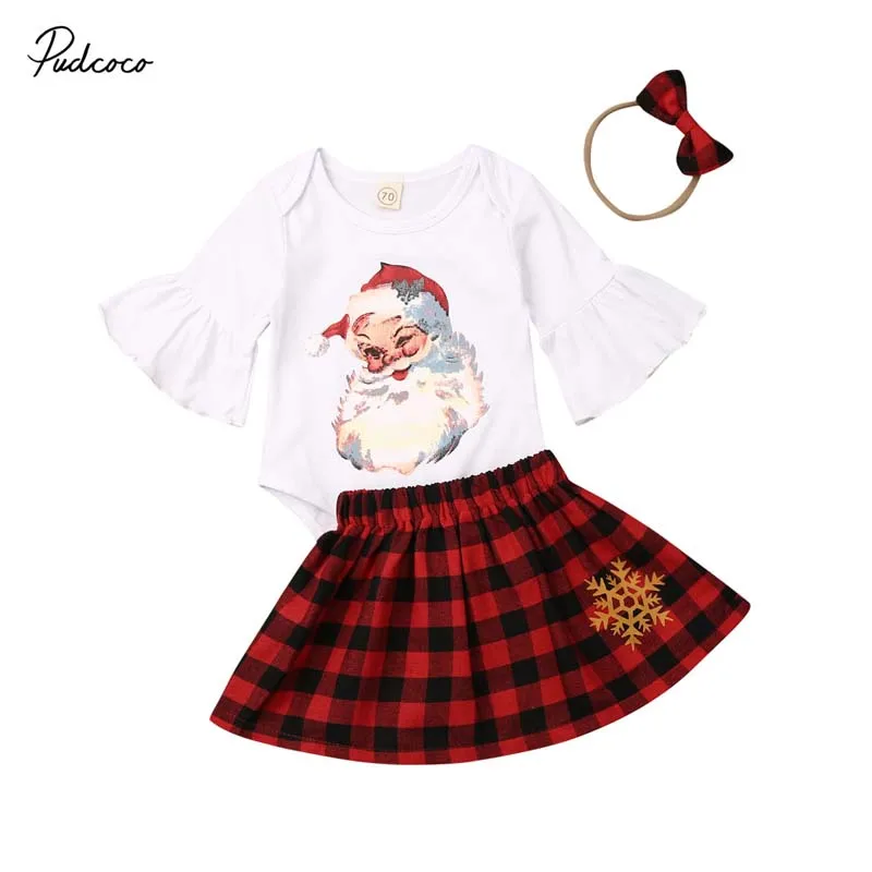 

2019 Brand Xmas Newborn Baby Girl Cotton Santa Flare Sleeve Jumpsuit Cotton Top Plaid Dress Christmas Outfits Set 3Pcs Costume