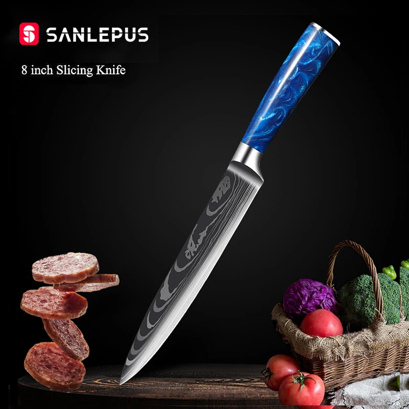 SANLEPUS 8&quot Kitchen Slicing Knife Chef Knives Laser Damascus Pattern Sharp Japanese Santoku Cleaver Utility | Дом и сад