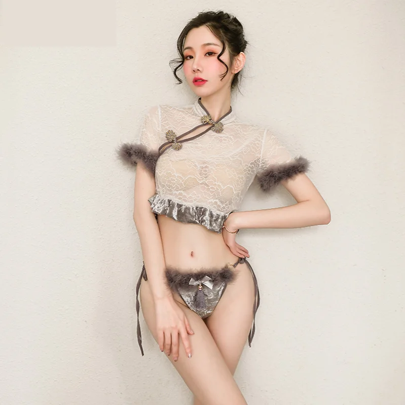 Сексуальный костюм cheongsam кружевные прозрачные Топ Милые бандажные трусы