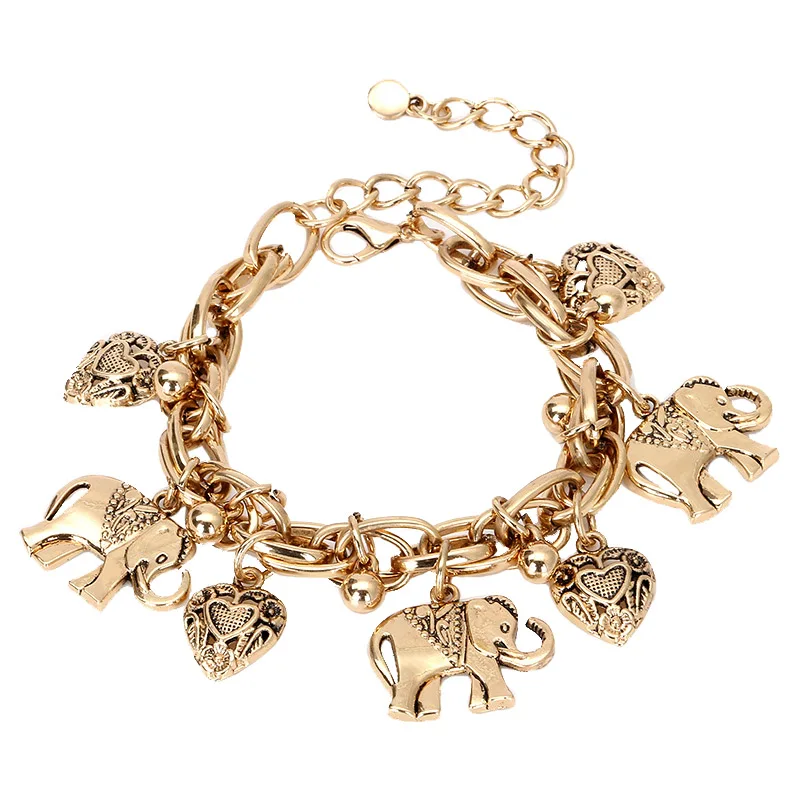 

2019 New Retro Bracelet Popular Beach Wind Alloy Carved Elephant Heart Pendant Anklet Bracelet Dual-use Jewelry Female