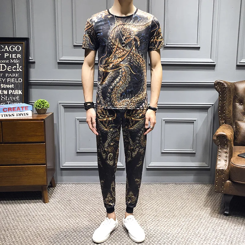 

Summer New Style Plus-sized Viscose Short Sleeve T-shirt Suit Men's China Wind Dragon Printed Casual Sports-Style Set