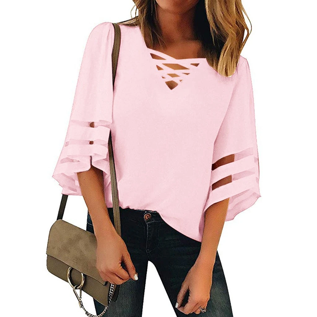 JAYCOSIN Fashion Loose Blouse Female V Neck Mesh Panel Blouses 3/4 Bell Sleeve Casual Loose Blouse Patchwork Ladies Girls 802