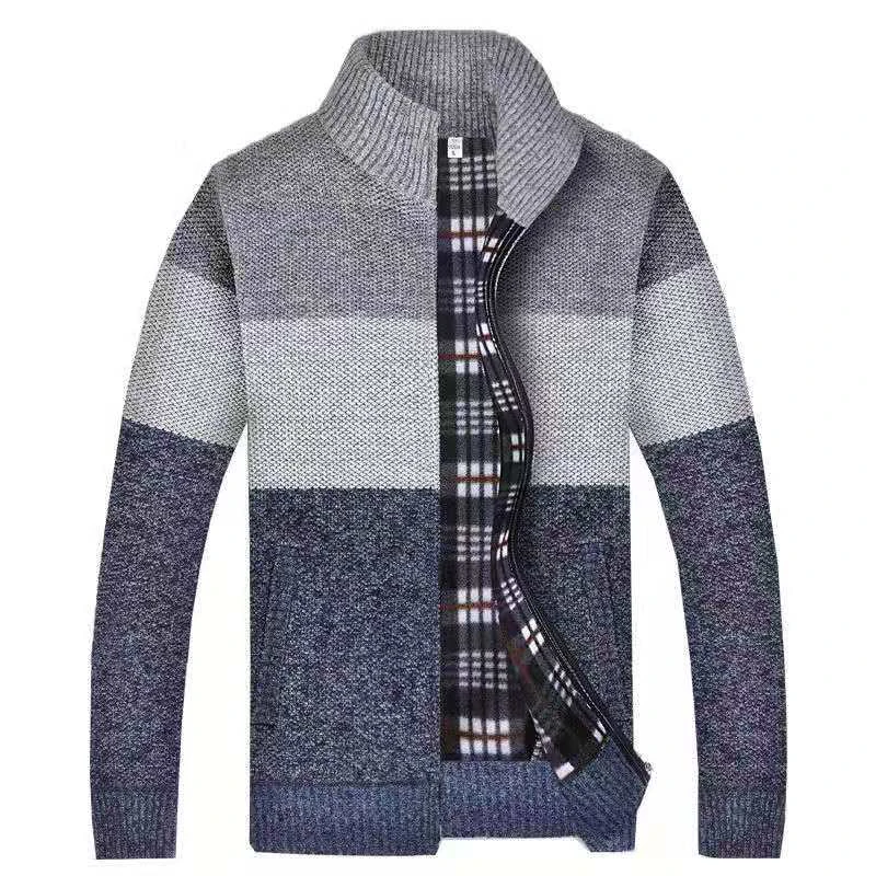Sweater men autumn and winter men's new splicing collar collar color cardigan sweater men's plus velvet sweater coat Sweater men autumn and winter men's new splicing collar collar color cardigan sweater men's plus velvet sweater coat