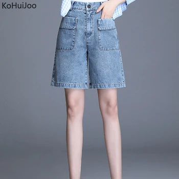 

Summer Jean Shorts Women 2020 new Korean high waist simple slim pockets wide leg denim jeans shorts Blue Gray
