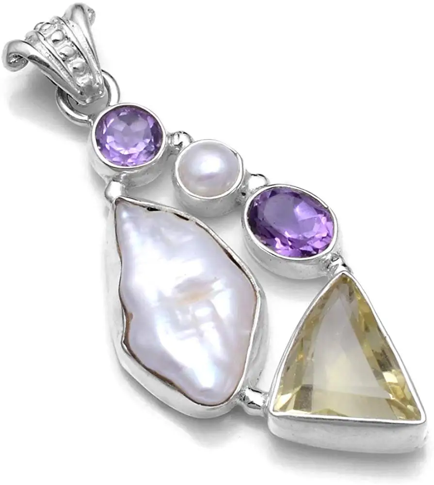 

Genuine Biwa Pearl + Citrine Pendant 925 Sterling Silver,49.2 mm,2SP0903