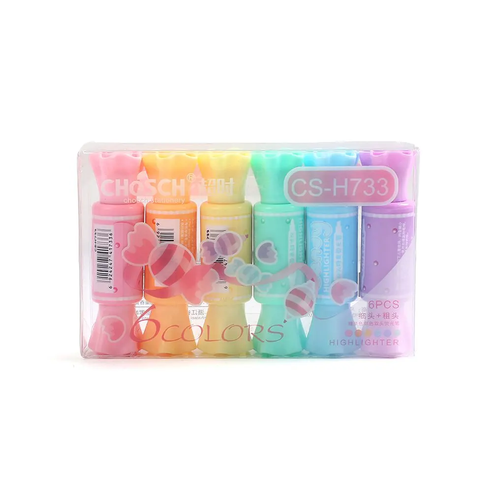 

6pcs/set Cute fresh candy shape double head highlighter fluorescent pen hook pen color Mark pen School supplies