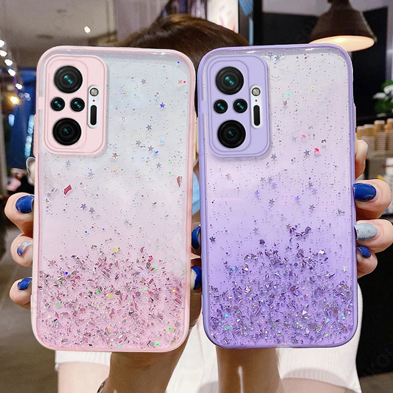 Clear Glitter Phone Case For Xiaomi Redmi Note 10 9 Pro 10S 9S POCO X3 NFC Pro F3 M3 Soft Cute Gradient Rainbow Sequins Coque