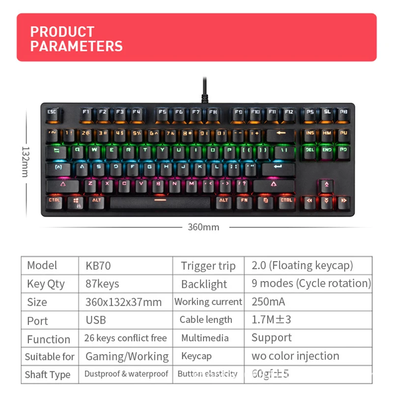 Dust-proof Wired Mechanical Keyboard 87 Keys Gaming Keyboard USB Connector 9 Colors Swich teclado mecanico for laptop desktop