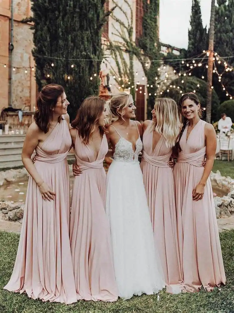 blush pink bridesmaid dresses long