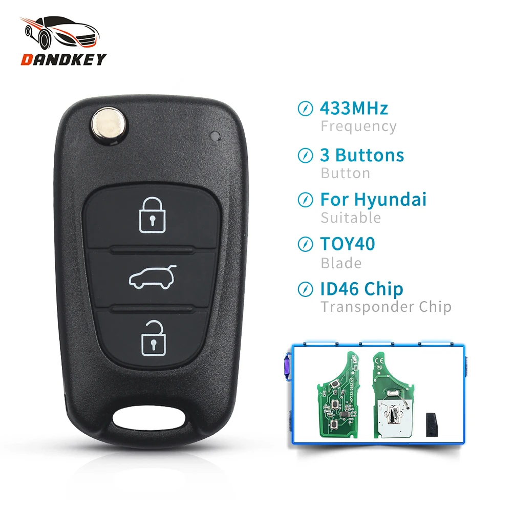 Dandkey Складной флип-чехол 3 кнопки дистанционного ключа для Hyundai I20 I30 IX35 Avante 433 МГц
