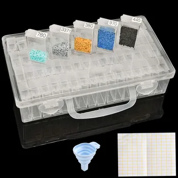 

64 Grids Diamond Painting Drill Storage Container Jar, Beads Organizer Storage Case with Label and blue Funnel Slot