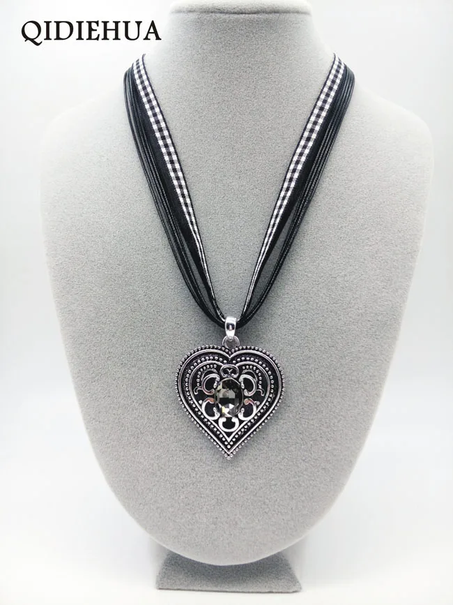 Античное серебро любовь подвески для ожерелья в форме сердца Октоберфест Эдельвейс массивное ожерелье для женщин блестящий камень лента шнур чокер