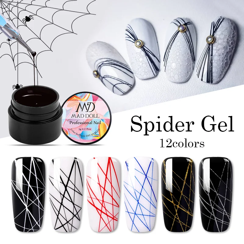 1 Box MAD DOLL 1 Box Spider UV Gel Polish Elastic Drawing Gel Purple Yellow White Mixed Colors Soak Off Nail Art Gel Varnish