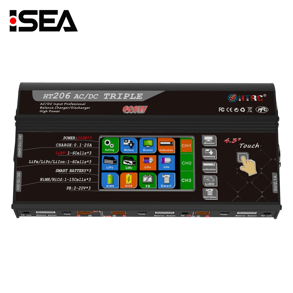 Баланс Зарядное устройство HT206 AC/DC три порта 200 Вт* 3 20A 4," цветной сенсорный ЖК-экран для Lilon/LiPo/LiFe/LiHV/Nicd/NiMh PB батареи