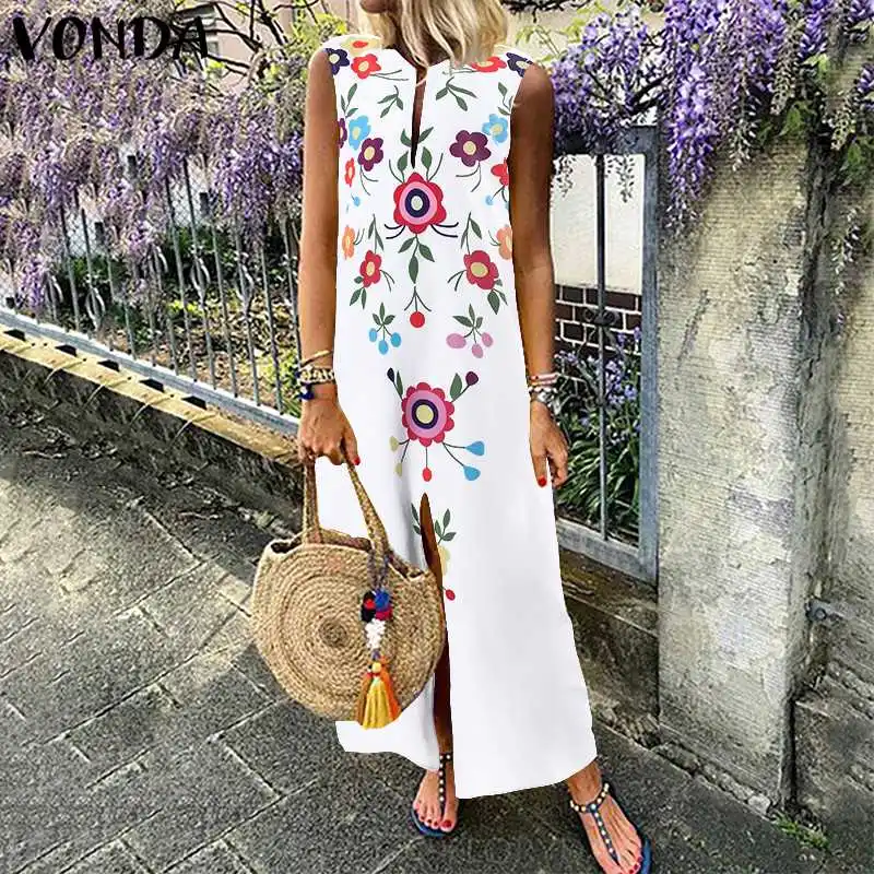 

VONDA Summer Dress 2019 Women Vintage Floral Print Bohemian Maxi Long Dress Sexy Sleeveless Sundress Plus Size Vestido Baggy