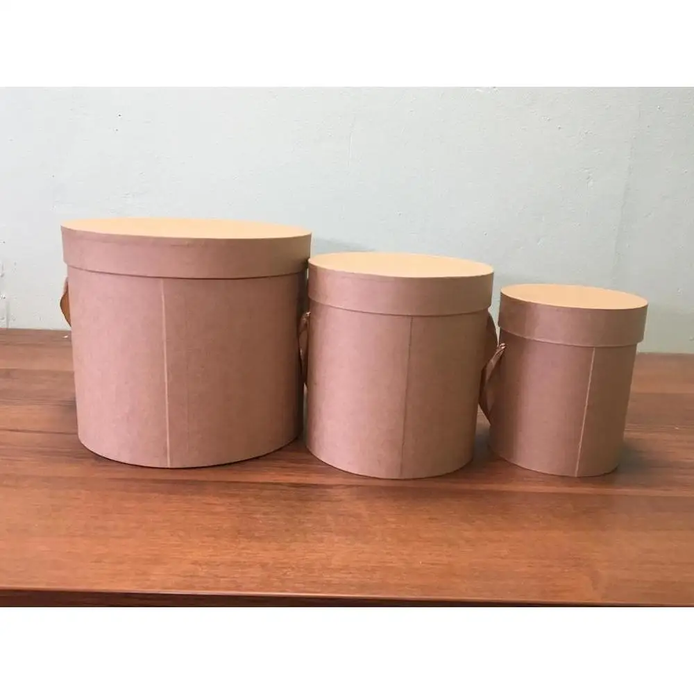 Подарочная коробка. Набор из трёх шляпных коробок с ручками, 3 в 1. Цвет крафт. Коробки для цветов и подарков