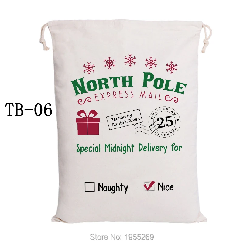 

Christmas Drawstring Bag 100pcs/lot Handmade Santa Sacks Canvas Candy Bag Kids Gift Home Decorations Large Santa Claus Bags