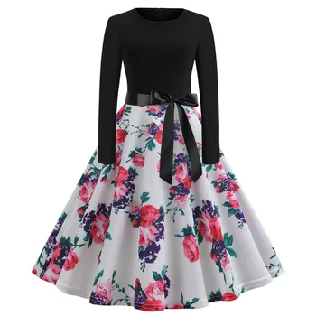 

50s 60s Retro Vintage Dress Robes Rockabilly Women Elegant Floral Print Long Sleeve Party Dresses Casual Female Office Vestidos