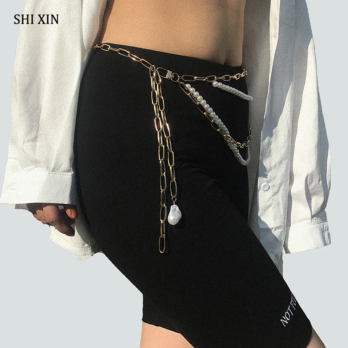 

SHIXIN Charms Long Tassel Waist Chain Multi Layer Pearl and Metal Chain Belt for Women Fashion Belly Chain Female Waist Jewelry