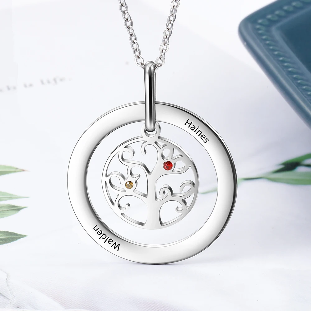 

Personalized Family Tree Birthstone Pendant Necklace Custom Made with Any Names Engraved Stainless Steel Necklaces Gift