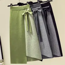 Осенняя женская вязаная юбка, модная зимняя юбка средней длины с бантиком, прямая Лоскутная юбка в полоску, посылка на бедрах