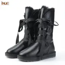 INOE Real Sheepskin Leather Natural Wool Sheep Fur Lined Women High Winter Snow Boots Lace Up Strap Black Waterproof Warm Shoes