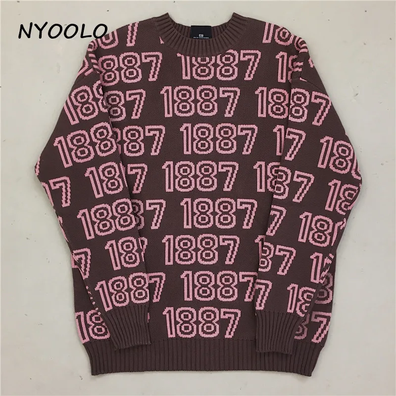 NYOOLO Vinatge уличная одежда 1887 жаккардовый вязаный свитер осень зима свободный длинный рукав круглый вырез теплый пуловер свитер для женщин и мужчин - Цвет: coffee