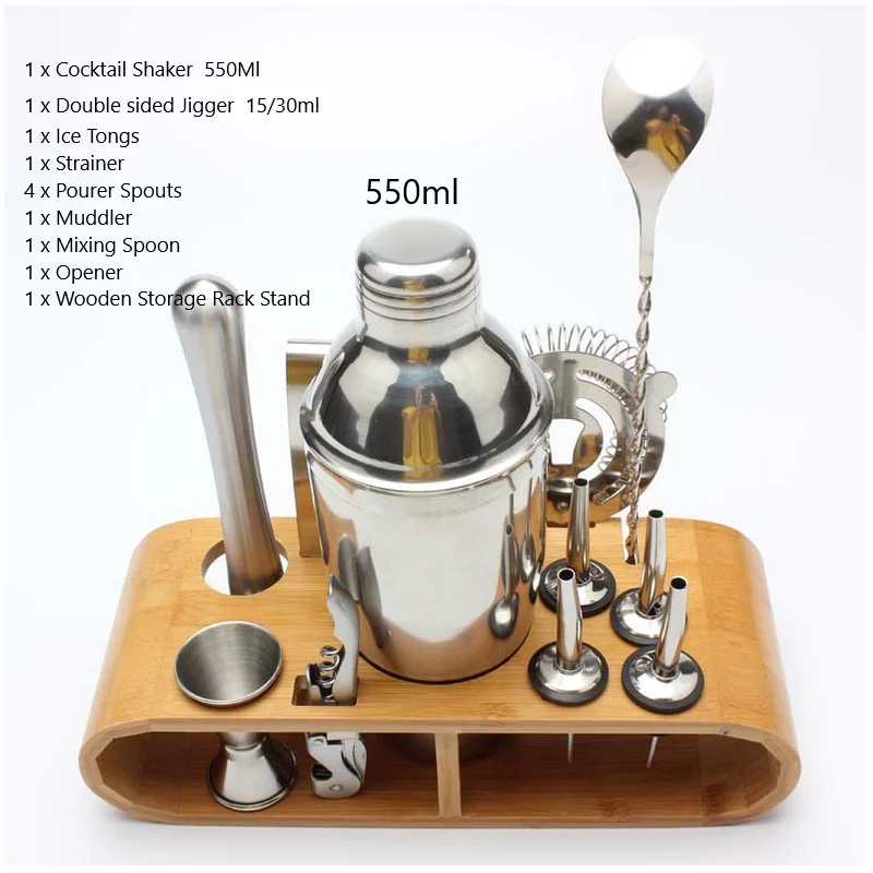 12pcs 550ml Коктейльный шейкер из нержавеющей стали, набор из 8 предметов с деревянной подставкой для бара, вечерние коктейльные шейкеры - Цвет: 12pcs 550ml