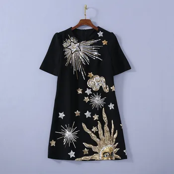 

European and American women's dress 2020 summer new styles Short sleeve star sun heavy black sequins Fashionable dress