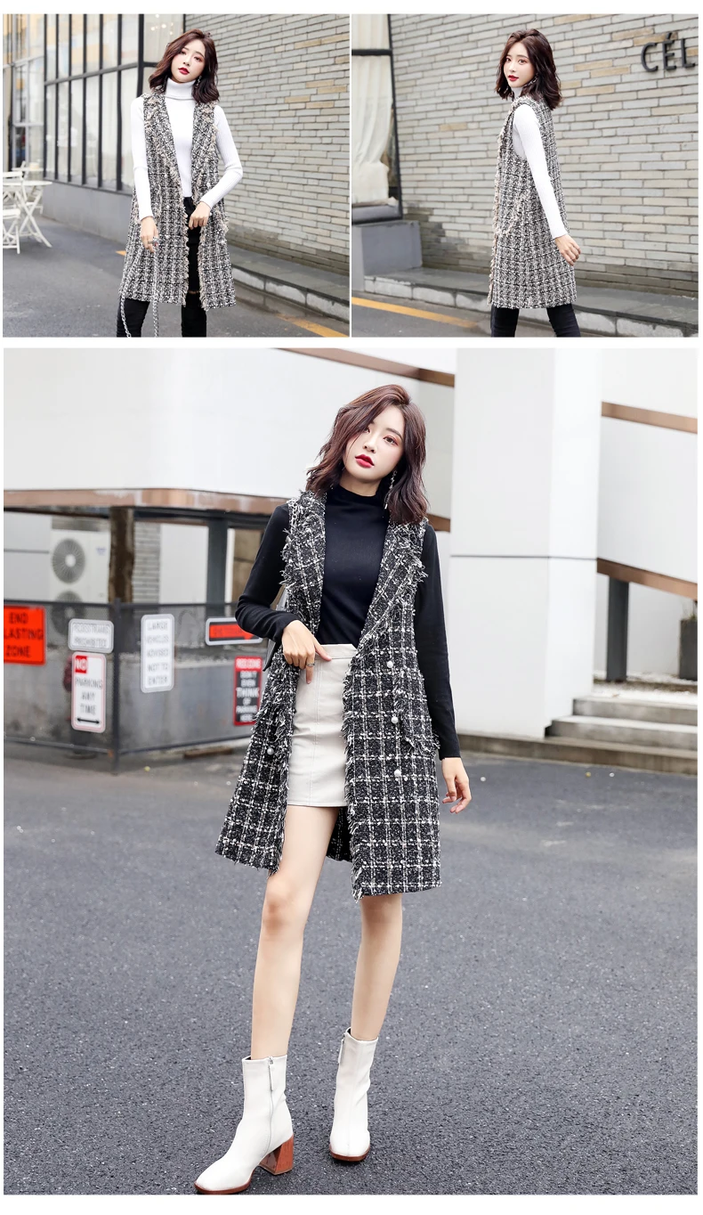 Graceful Tweed Plaid Vest Elegant Younger Fashion Versatile Loose-Fit Slimming Simple Sleeveless Overcoat