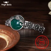 Настоящий 925 пробы Серебряный Браслет овальный натуральный зеленый камень винтажный тайский серебряный Хрустальный Цветочный браслет для женщин ювелирное изделие